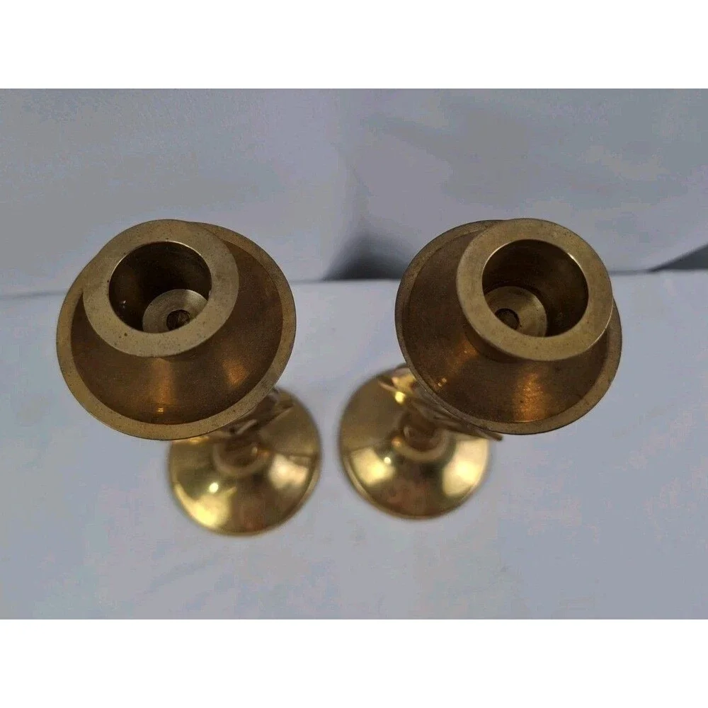 Vtg International Silver Co. Solid Brass JOY Candlestick Holders Set of 2 India